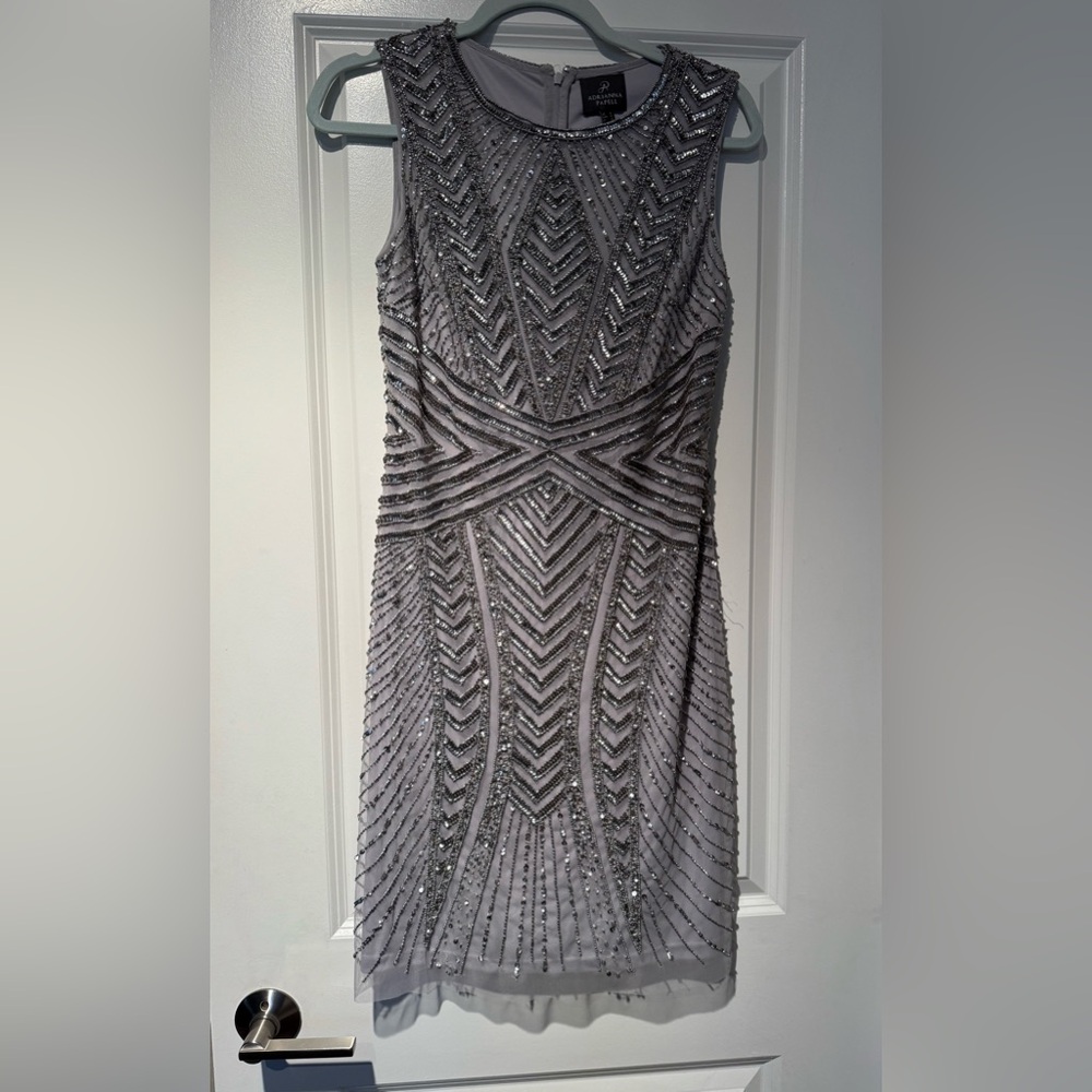 Adrianna Papell Silver Beaded Dress, Size 4